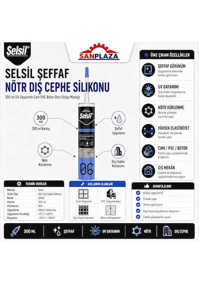 Selsil Şeffaf Nötr Dış Cephe Silikonu 300 Ml Uv Dayanımlı Cam Pvc Beton Derz Dolgu Mastiği 3 Adet