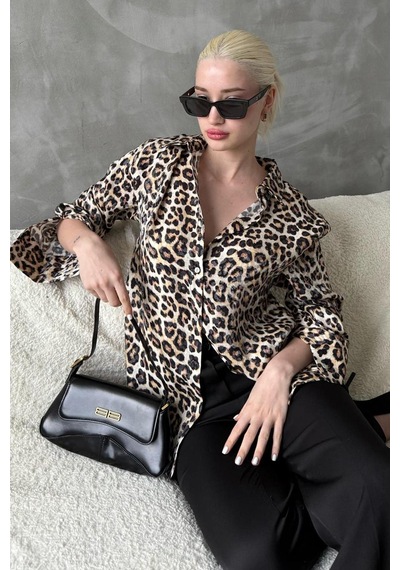 Madmext Bej Leopar Desen Kadın Gömlek Mg2296 Bej
