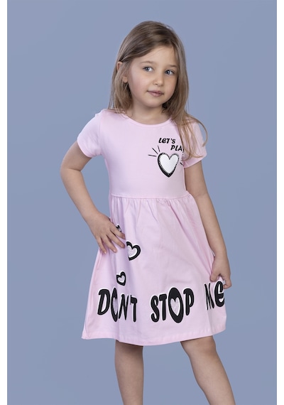 Toontoy Kız Çocuk Kalp Baskılı Taş İşlemeli Elbise Pembe