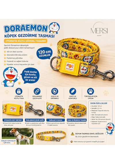 Doraemon Desenli Otomatik Kilitli Köpek Gezdirme Tasması 120 Cm Paslanmaz Çelik Klipsli Pet Tasma Limon Sarısı