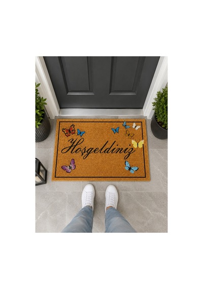 Kelebek Figürlü Hoşgeldiniz Retro Tasarım Dekoratif Kapı Önü Paspası 40x60cm Çok Renkli