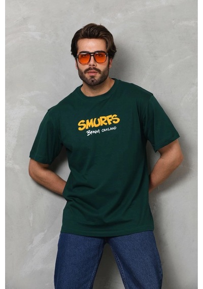 Erkek Kısa Kol Yazlık Tişört Bisiklet Yaka Baskılı Oversize T-shirt - Yeşil