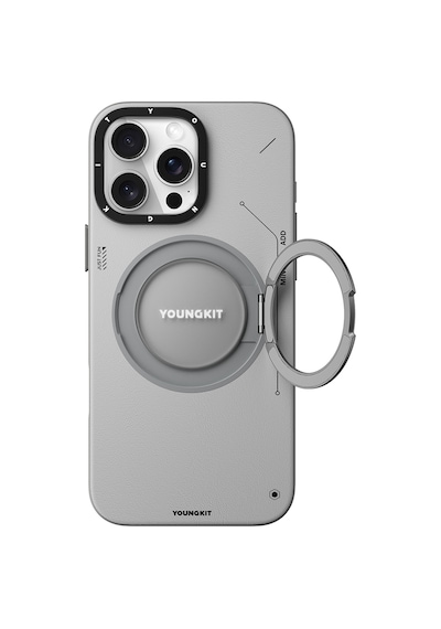 Apple Uyumlu iPhone 16 Pro Kılıf Magsafe Şarj Özellikli 360 Standlı Deri Desenli Youngkit Tech Leather Serisi Gri