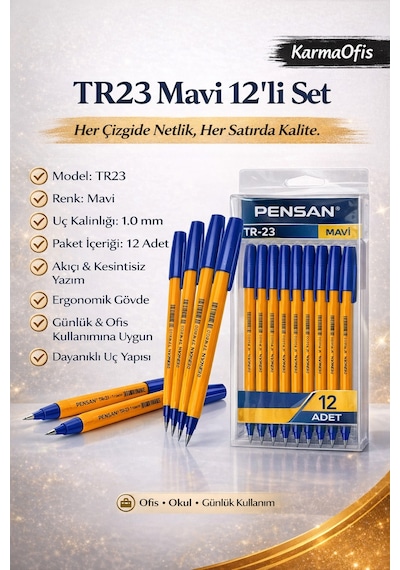 Tr23 Mavi Tükenmez Kalem 12 Li Set 1.0 Mm Uç, Akıcı Yazım, Ofis & Okul Kullanımı Çok Renkli12