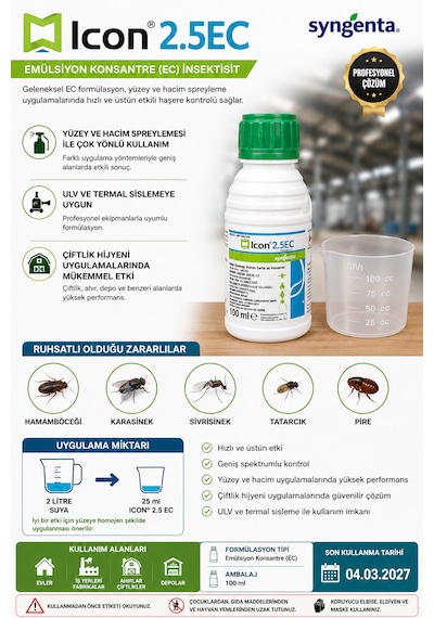 Syngenta Icon 2.5 Ec 100 Ml + Ölçüm Kabı Geniş Spektrumlu Profesyonel Haşere Mücadelesi Hamamböceği, Karasinek, Sivrisinek, Pire Ve Tatarcık