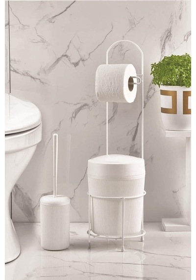 Metal Standlı Yuvarlak Kovalı & Kağıtlıklı & Fırçalıklı Beyaz Banyo Takımı