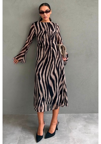 Madmext Bej Zebra Desenli Şifon Midi Elbise Mg2854