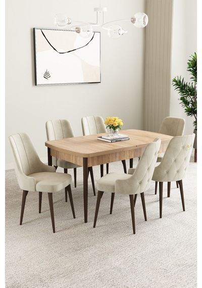 Clara Meşe Desen 80x132 Açılabilir Mdf Masa Yemek Odası Takımı,mutfak Takımı 6 Adet Sandalye Krem