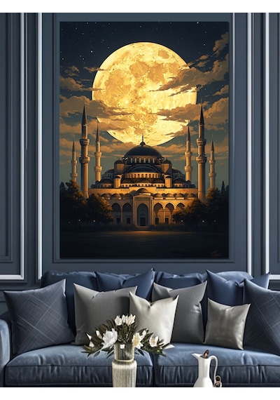 Ahşap Tablo Gece Dolunay Altında Camii Görseli İnsan Figürlü Tablolar