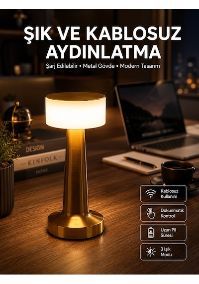 Altın Rengi Masa Ve Gece Lambası Dokunmatik Şarjlı Masa Lambası Çokrenkli