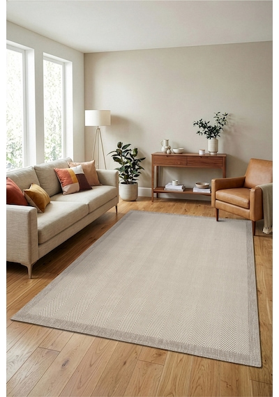Sisal Otantik Çerçeveli Leke Tutmaz Yumuşak Doku Kaymaz Salon Koridor Mutfak Halısı Krem 3