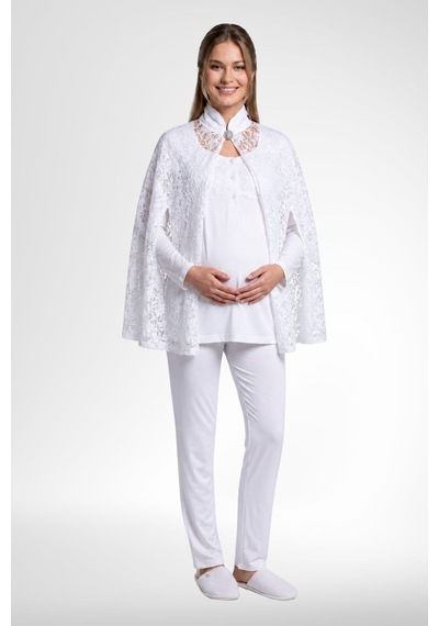 Mecit Pijama Mecit 6402 Elegant Ekru Dantel Pelerinli Lohusa Pijama Takımı