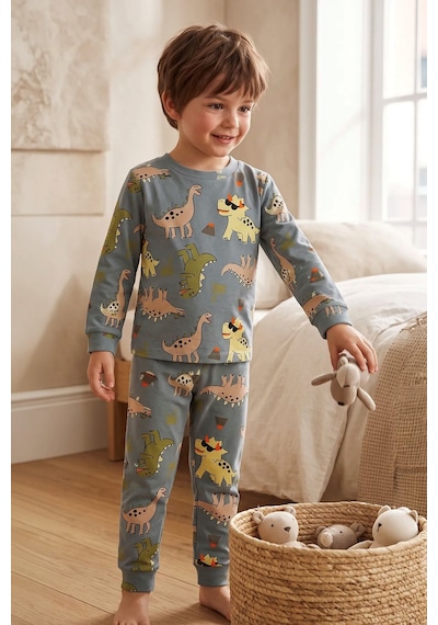 Zuzunga Dinozor Desenli Erkek Çocuk Pijama Takımı Gri