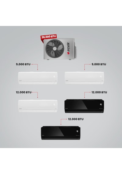 Arçelik 1+5 Multi Sistem 36100 MD Pro Dış Ünite 2 Adet 9 BTU Beyaz + 2 Adet 12 BTU Siyah + 12 BTU Beyaz İç Üniteler Duvar Tipi Klima