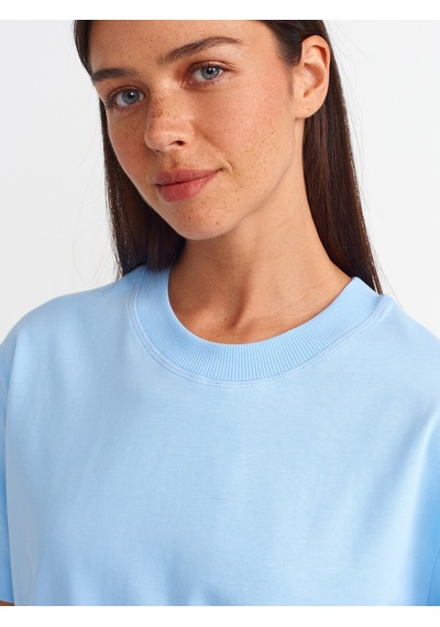 Dilvin 30312 %100 Pamuk Dekoratif Dikişli Bisiklet Yaka T-shirt-açık Mavi Açık Mavi
