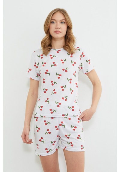 Fullamoda Kiraz Desenli Bisiklet Yaka Şortlu Pijama Takımı Kırmızı