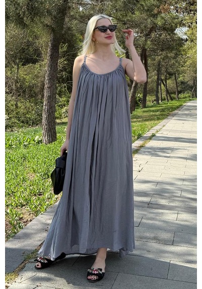 Madmext Gri Halter Yaka Askılı Uzun Basic Kadın Elbise Mg2163 Gri