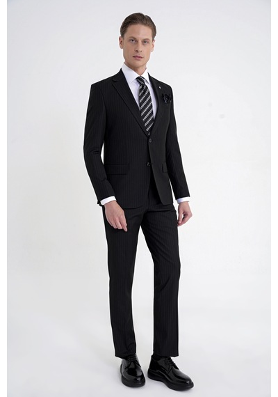Efor Slim Fit Mono Yaka Esnek Yünlü Siyah Çizgili Takım Elbise Tk 942