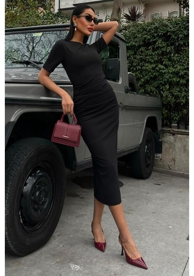 Dogutrend Beli Büzgülü Midi Elbise 2853 Siyah