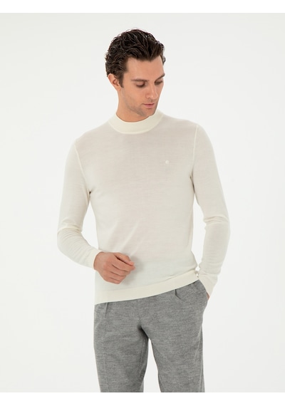 Cacharel Ekru Slim Fit Kaşmir İpek Karışımlı Çeyrek Balıkçı Yaka Triko Kazak Bej