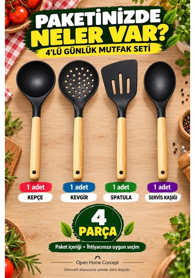4 Lü Ahşap Saplı Siyah Silikon Mutfak Seti 31cm Kepçe Kevgir Spatula Servis Kaşığı Pişirme Ve Servis