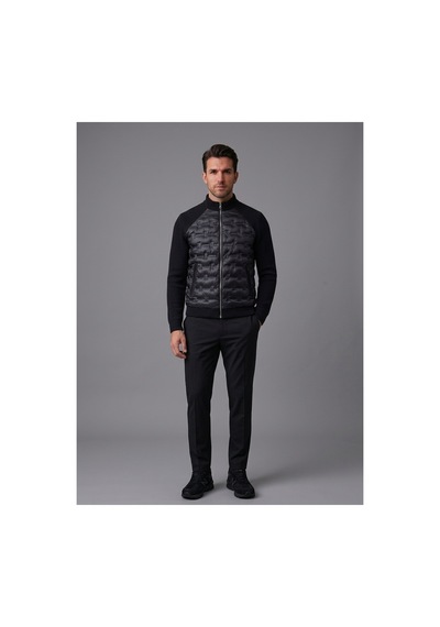 Hk Premium Erkek Mont Daire Baskı Örme Triko %100 Polyester Dik Yaka Ceket Siyah