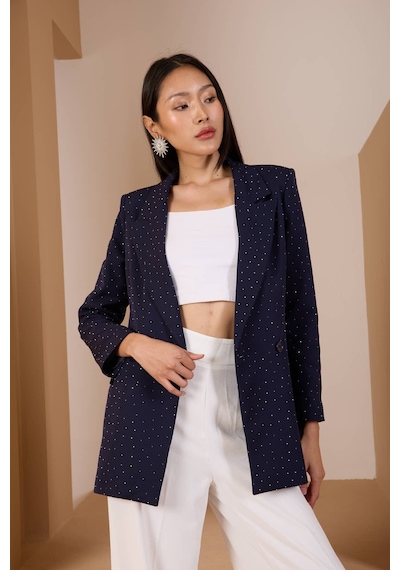 Lacivert Regular Dokuma Astarlı Taş Detaylı Blazer Ceket Lacivert