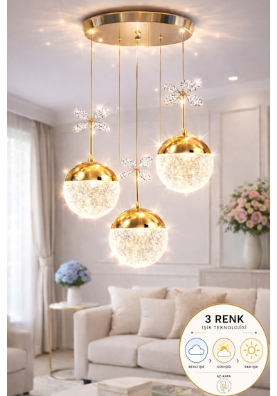 Grate Model Gold Kaplama 3 Renk Salon Mutfak Oturma Odası Led Spor Modern Sarkıt Avize