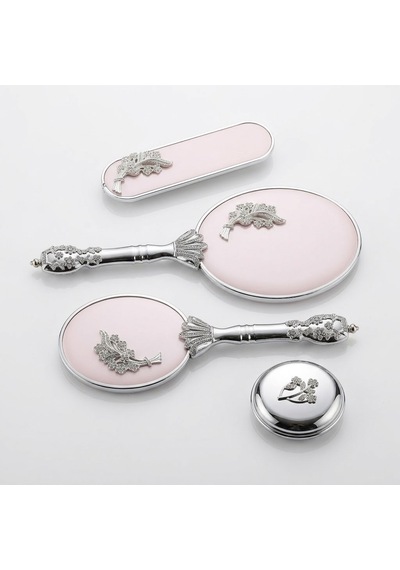 Camomile Pudra Pembe Silver Ayna Fırça Seti 4'lü - Lüks Taşlı Gümüş Gelin Bohçası Takımı Altın
