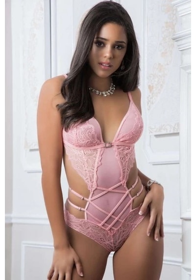 New Dreams Modern Tarz Dantelli Şık Elegant Tasarım Lacivert Jartiyer Gecelik Set Pembe