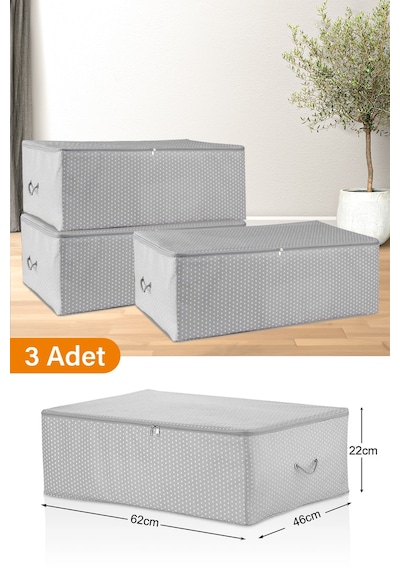 Serstil 3 Adet - Büyük Boy Baza Altı Gri Benekli Hurç 62 X 46 X 22 Cm