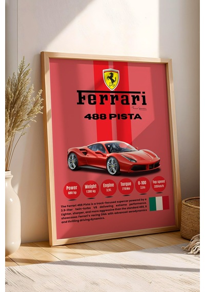 Ferrari 488 Pista Premium Spor Araba Tablosu - Teknik Özellikli İtalyan Otomobil Duvar Dekoru Kayın