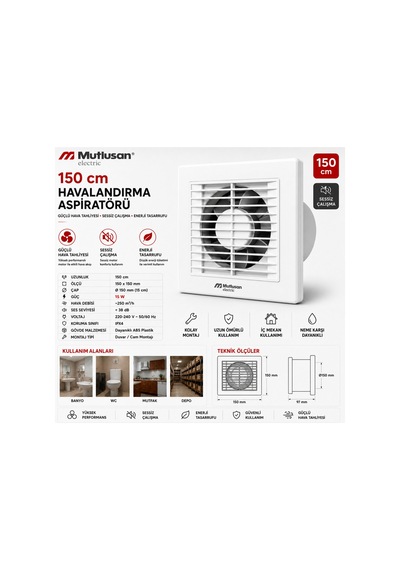 150 Cm Havalandırma Aspiratörü Banyo Wc Mutfak Duvar Tipi Fan
