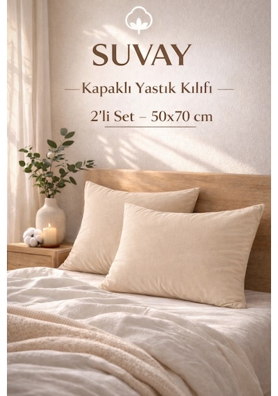 2'li Yastık Kılıfı Bej Pamuklu Kapaklı 50x70 Cm