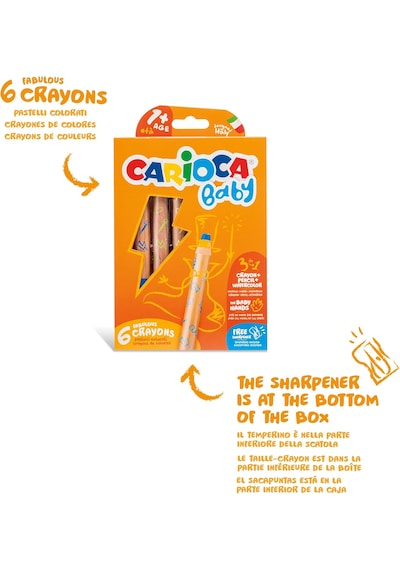 Carioca 3in1 Jumbo Bebek Ahşap Gövdeli Boya Kalemi 6'lı ve Kalemtraş