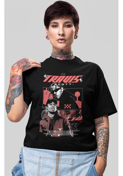 Travis Scott Rapper Şarkıcı Baskılı Unisex Oversize Tişört Siyah