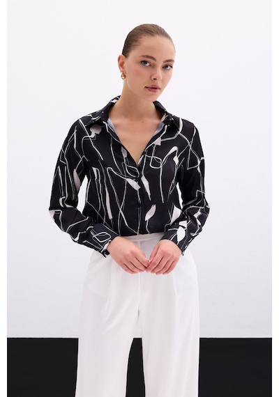 Sateen Yırtmaç Detaylı Gömlek - Siyah-136102 Siyah