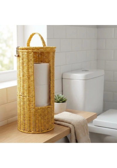 Askılı Plastik Rattan Tuvalet Kâğıdı Standı - Hasır Görünümlü, Kapaklı, Yedekli Wc Kâğıtlık, Banyo Ve Tuvalet İçin Dekoratif Organizer Bx40 Çok Renkli