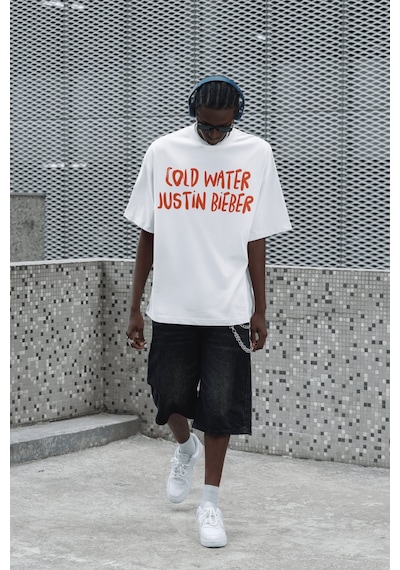 Sevbano Cold Water Justin Bieber Sırt Baskılı Unisex Oversize Şarkıcı Tiş Beyaz