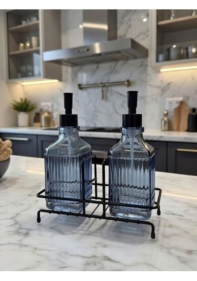 Modern Çizgili - Kabartmalı Cam İkili Sıvı Sabunluk & Deterjanlık Seti - 500ml Standlı Mutfak Ve Banyo Organizeri Mavi