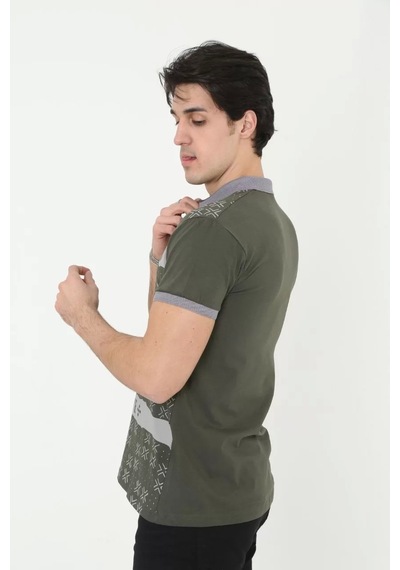 Erkek Yakalı Slim Fit Baskılı T-shirt - Haki Haki