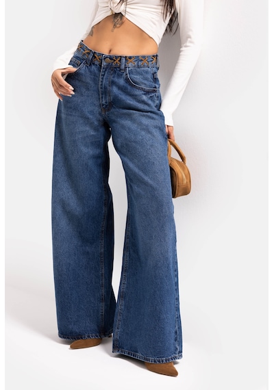 Kadın Mavi 2w6-5 Palazzo Fit Kemer Detaylı Özel Tasarım Denim Jean