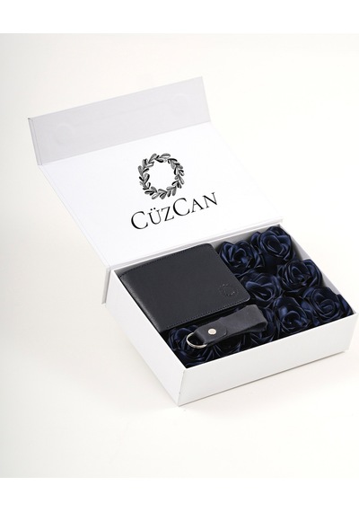 Premium Gift Rose Box - Joseph Lacivert Hakiki Deri Cüzdan - Anahtarlık Ve Lacivert Gül Kutusu Lacivert