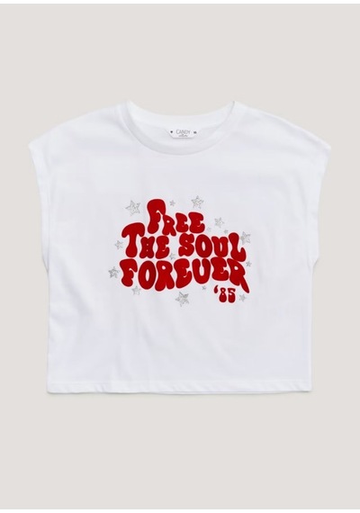 Kadife Yazı Baskılı Kız Çocuk T-Shirt KT01689 Beyaz