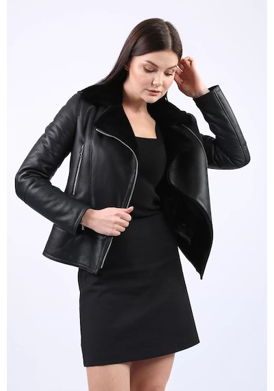 M M Marki Marki Kadın Siyah Deri Mont, Hakiki Deri Mont, Kruvaze Mont, Içi Kürklü - 106722