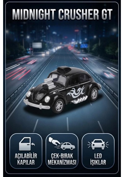 Volkswagen Beetle Midnight Crusher Gt Araba 12 Cm - Işıklı Ve Kapıları Açılan Alev Desenli Araba