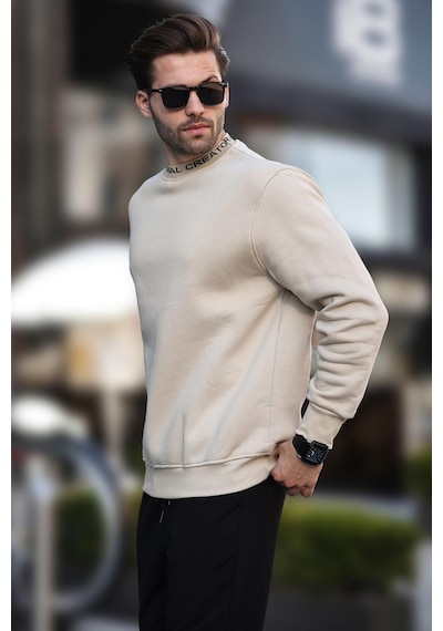 Madmext Bej Bisiklet Yaka Şardonlu Erkek Sweatshirt 7047-bej Bej