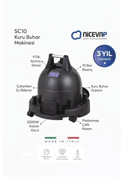 Nice Vap Plutonia SC10 Kuru Buhar Üretebilen 10 Bar Dijital Buharlı Temizleyici