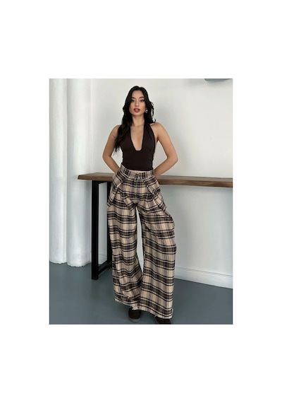 Asur Boutique Asur Butik Kadın Fular Detaylı Ekose Pantolon Bej