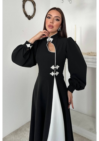 Alemdarshop Siyah Çin Düğmeli Garnili Elbise